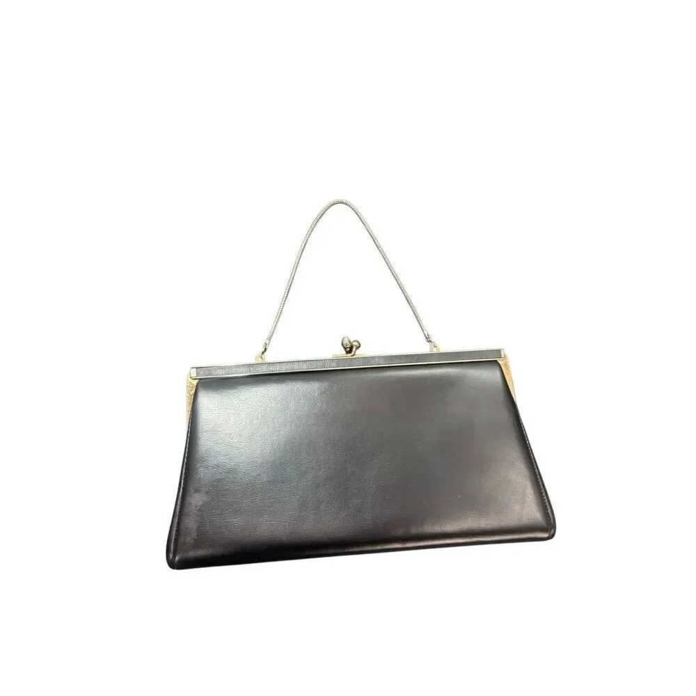 Ande Vintage Black Leather Clutch Evening Bag With Chain Strap